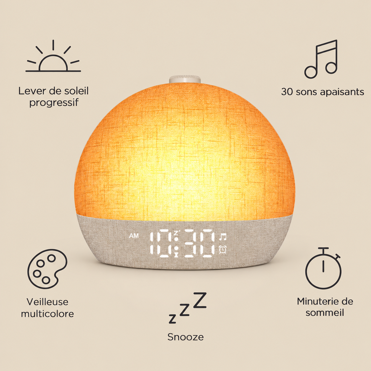 Fonctions du réveil : lever de soleil, 30 sons, veilleuse, minuterie, snooze