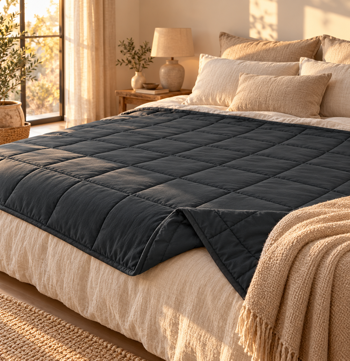 Couverture lestée étalée sur un lit